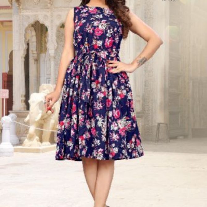 Women's Blue Floral Printed Sleeveless Fit and Flare Dress - VE 410