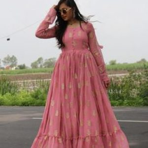 Elegant Pink Anarkali Gown with Gold Print and Ruffle Hem