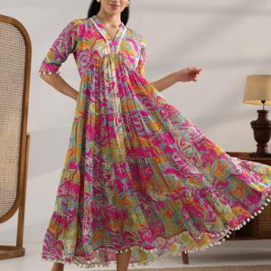 Libas Women’s Pink & Yellow Abstract Print V-Neck Tiered Empire Midi Dress with Pom-Pom Details