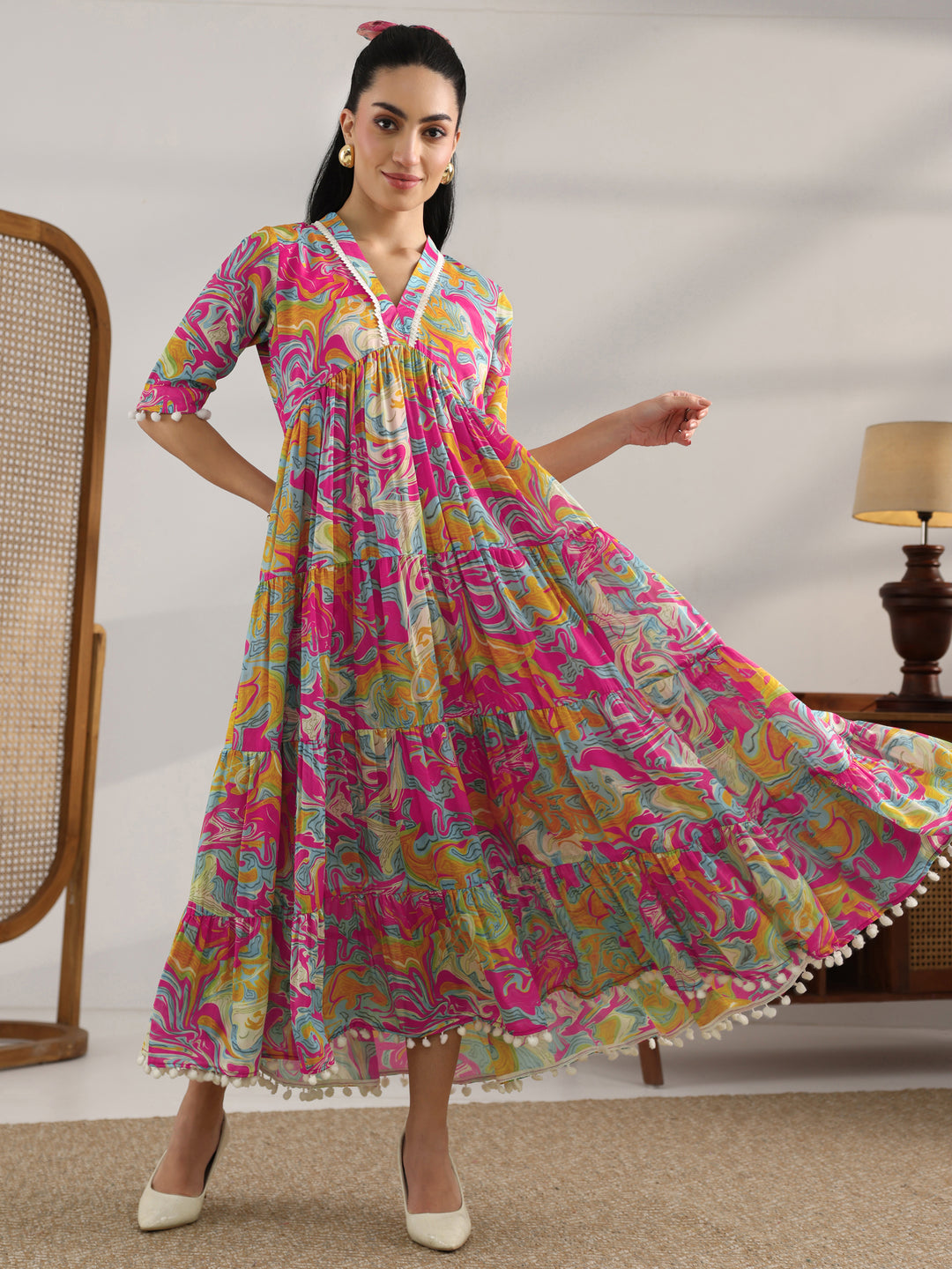 Libas Women's Pink & Yellow Abstract Print V-Neck Tiered Empire Midi Dress with Pom-Pom Details