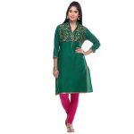 Women's Green Embroidered Poly-Silk Straight Kurta/Kurti