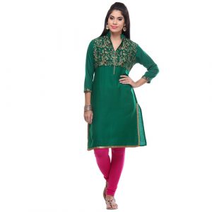 Women’s Green Embroidered Poly-Silk Straight Kurta/Kurti