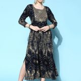 Women's Navy Blue & Gold-Toned Printed Rayon Fit and Flare Dress