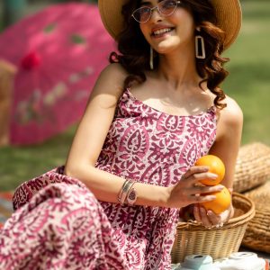 Mauve Printed Cotton Fit and Flare One Piece Dress