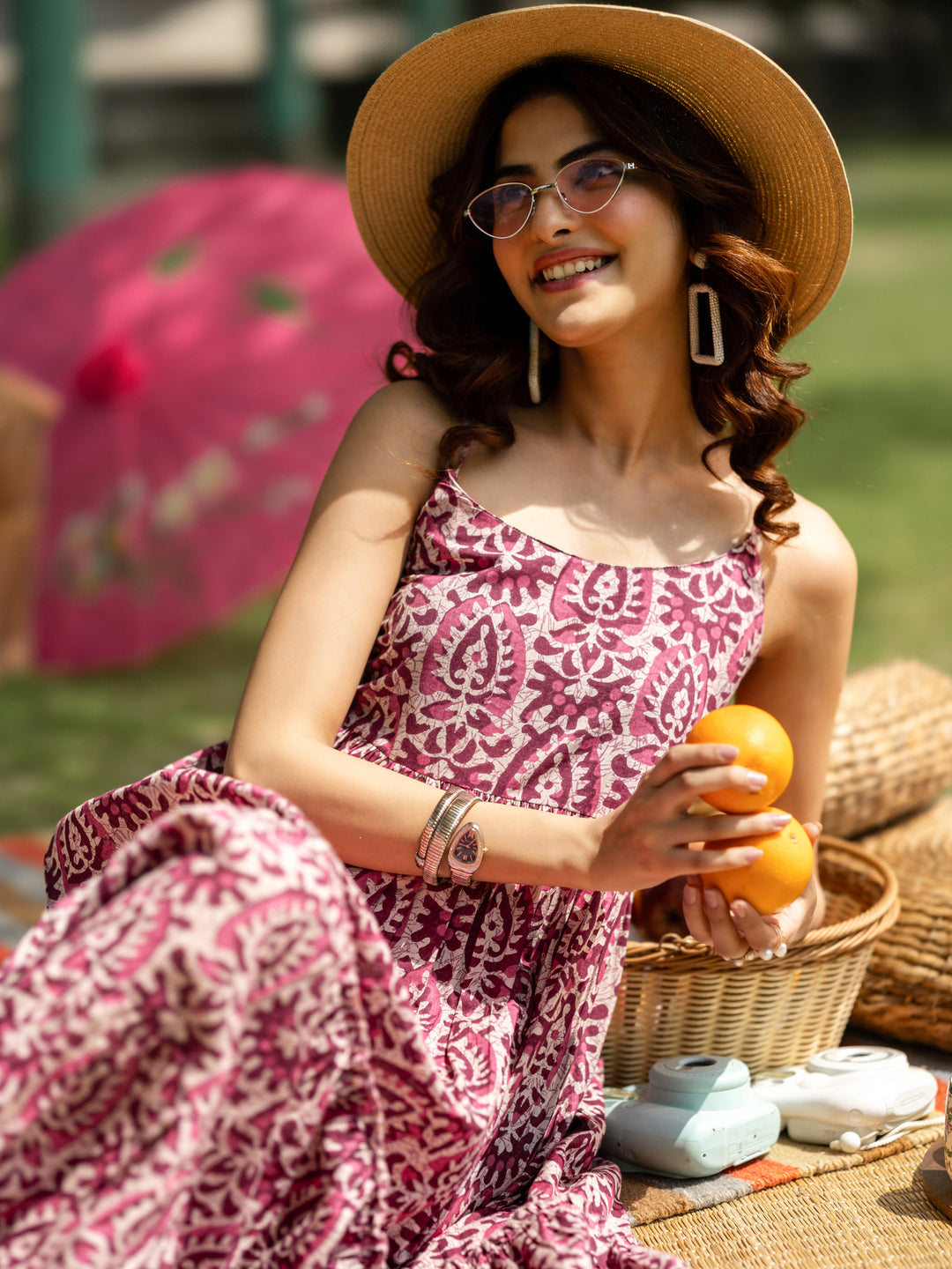 Mauve Printed Cotton Fit and Flare One Piece Dress