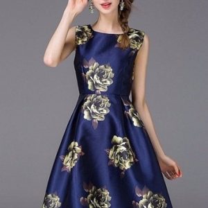 Women’s Navy Blue Satin A-Line Midi Dress with Gold Floral Print
