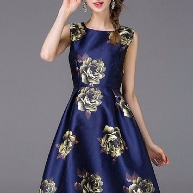 Women's Navy Blue Satin A-Line Midi Dress with Gold Floral Print