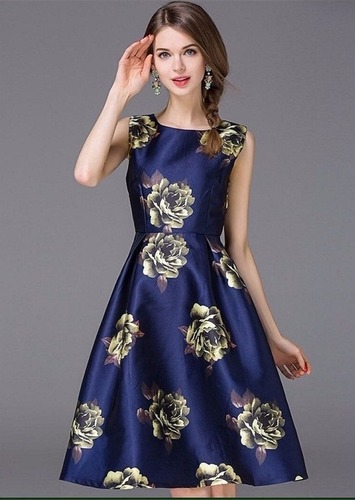 Women's Navy Blue Satin A-Line Midi Dress with Gold Floral Print
