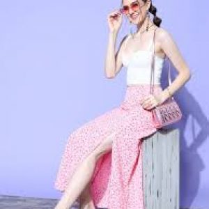 Berrylush Women Pink Floral Printed High-Rise Waist Side-Slit Flared A-Line Maxi Skirt.