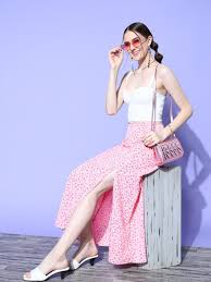 Berrylush Women Pink Floral Printed High-Rise Waist Side-Slit Flared A-Line Maxi Skirt.