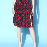 Berrylush Women Black & Pink Floral Printed Thigh-High Slit Flared A-Line Midi Skirt