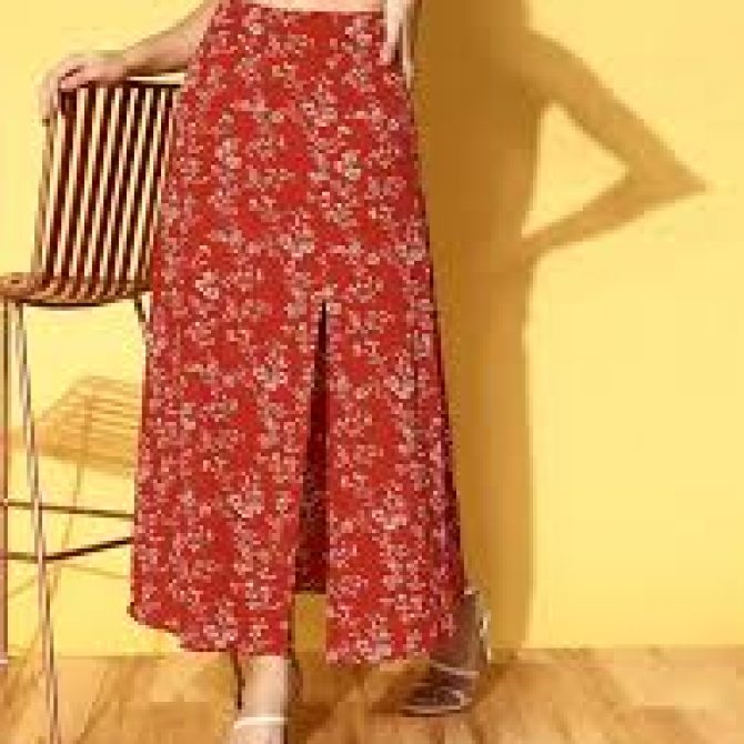 Berrylush Women Red & White Floral Printed High-Rise Waist Thigh-High Slit Flared A-Line Maxi Skirt.
