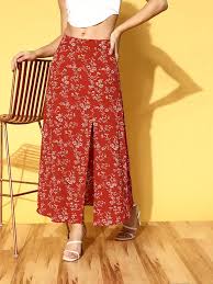 Berrylush Women Red & White Floral Printed High-Rise Waist Thigh-High Slit Flared A-Line Maxi Skirt.