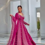 Elegant Magenta Viscose Jacquard Silk Anarkali Gown with Sequins Embroidery & Dupatta