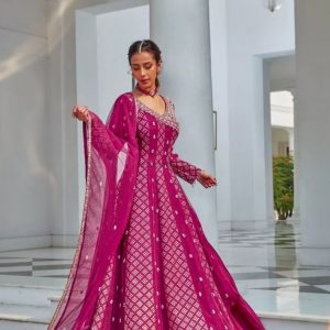 Elegant Magenta Viscose Jacquard Silk Anarkali Gown with Sequins Embroidery & Dupatta