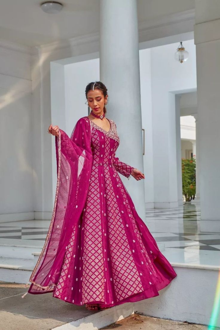 Elegant Magenta Viscose Jacquard Silk Anarkali Gown with Sequins Embroidery & Dupatta